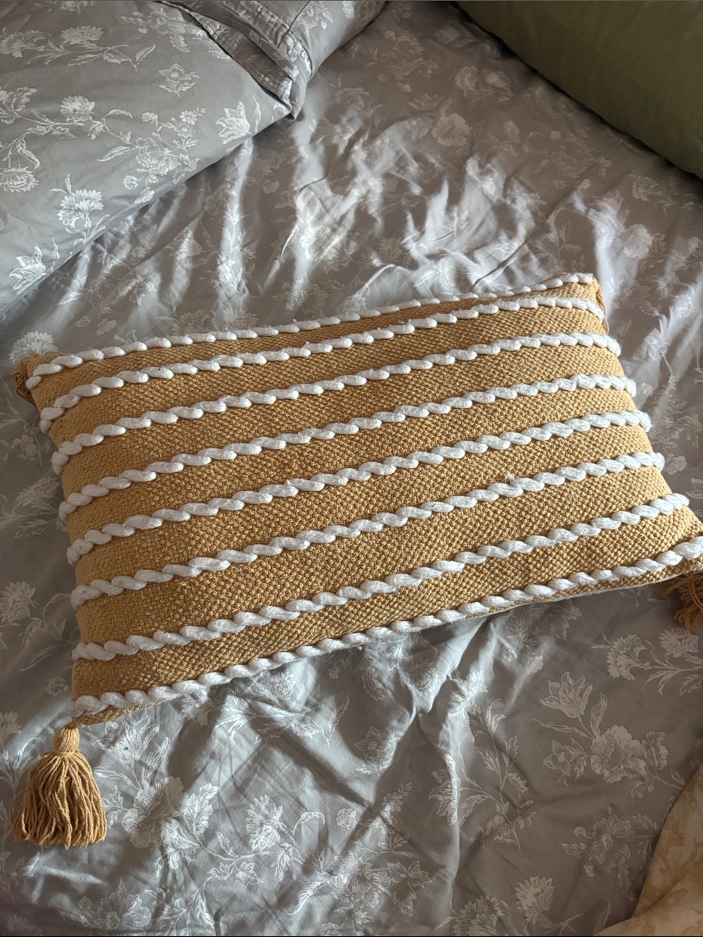 Mustard Yellow Woven Accent Pillow with White Braided Stripes